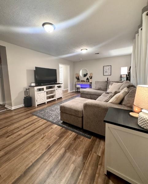 living room featuring dark hardwood / wood-style flooring and a textured ceiling