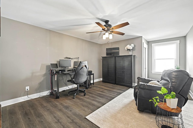 home office with ceiling fan and dark hardwood / wood-style flooring