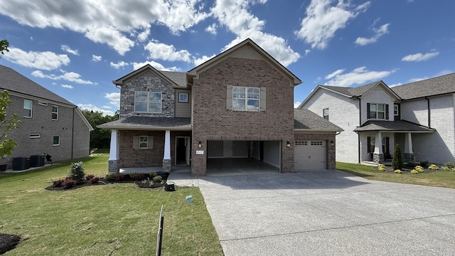 827 Stovers Gln, Murfreesboro, TN 37128 - view of front of house featuring central air condition unit, a porch, brick siding, driveway, and a front lawn
