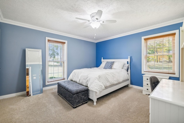 bedroom with light colored carpet, ornamental molding, and a textured ceiling