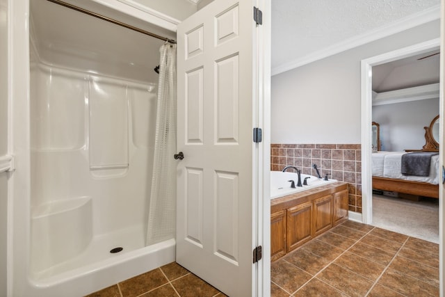 bathroom featuring crown molding, plus walk in shower, tile patterned flooring, and tile walls