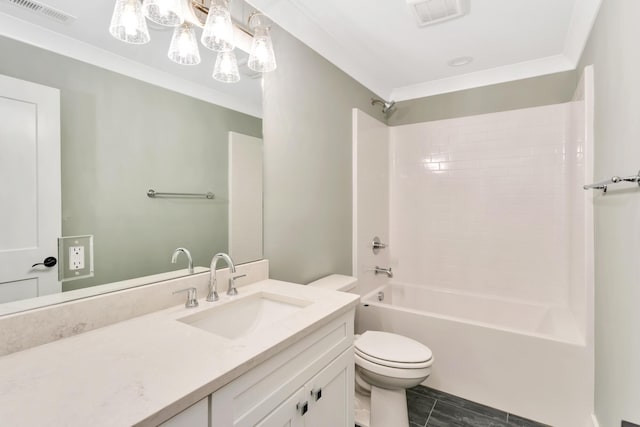 full bathroom featuring shower / tub combination, ornamental molding, vanity, and toilet