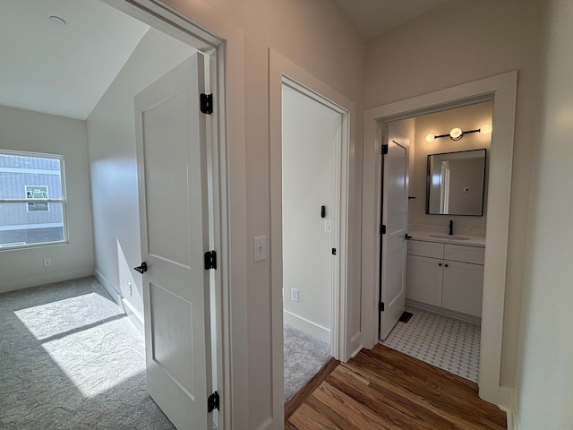 corridor featuring sink and hardwood / wood-style floors