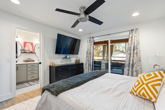 bedroom with ensuite bathroom, ceiling fan, access to exterior, and light hardwood / wood-style floors