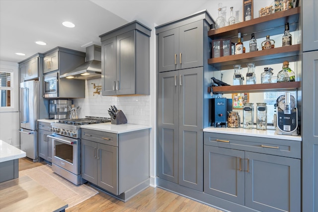 kitchen with wall chimney exhaust hood, high quality appliances, and gray cabinets