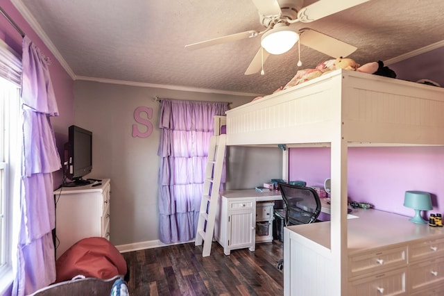 bedroom with dark hardwood / wood-style flooring, crown molding, and a textured ceiling