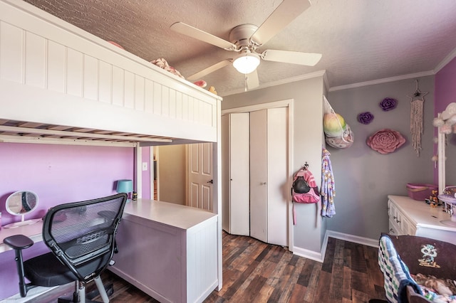 bedroom with dark hardwood / wood-style flooring, crown molding, a closet, and a textured ceiling