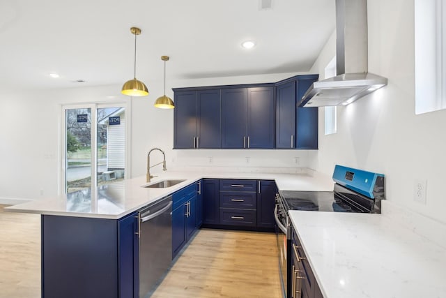 kitchen featuring decorative light fixtures, ventilation hood, sink, stainless steel appliances, and light stone countertops