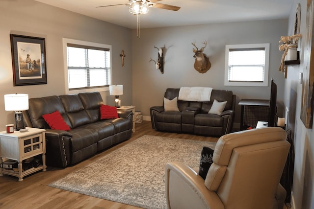 living room featuring ceiling fan, wood-type flooring, and a healthy amount of sunlight