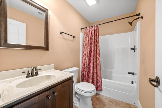 full bathroom featuring vanity, shower / tub combo, tile patterned floors, and toilet