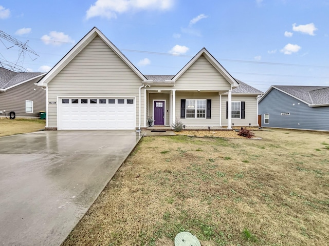 ranch-style house with a garage and a front yard