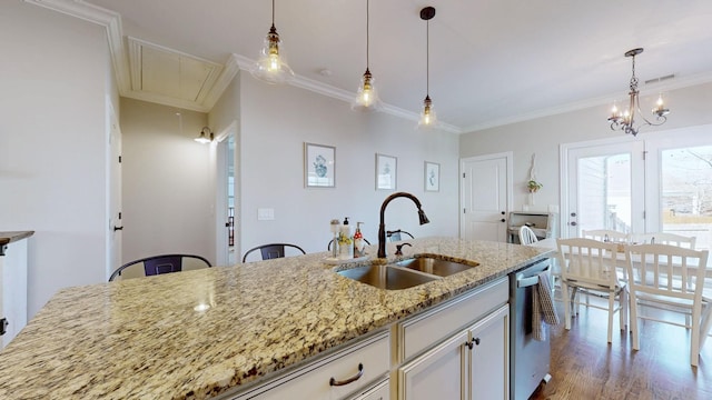 kitchen with sink, stainless steel dishwasher, light stone counters, crown molding, and light wood-type flooring