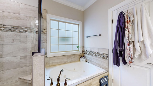 bathroom featuring a relaxing tiled tub and ornamental molding