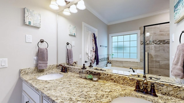 bathroom featuring vanity, crown molding, and independent shower and bath