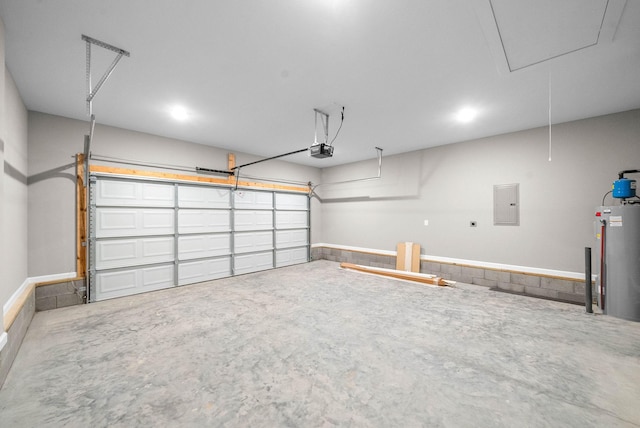 garage with a garage door opener, electric panel, and water heater