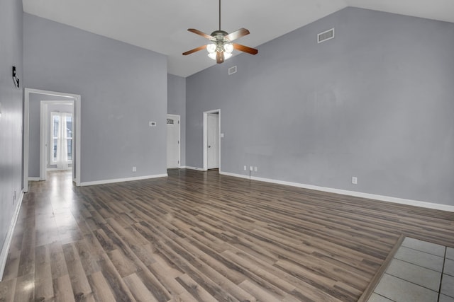 unfurnished living room with high vaulted ceiling, dark hardwood / wood-style floors, and ceiling fan