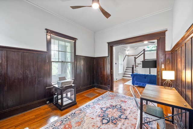 440 N 2nd St, Clarksville, TN 37040 - office area featuring wood finished floors, plenty of natural light, crown molding, ceiling fan, and wainscoting