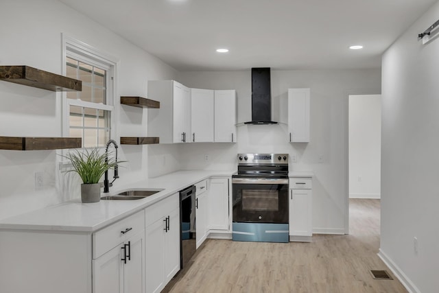 kitchen featuring white cabinets, sink, wall chimney exhaust hood, and stainless steel electric range oven