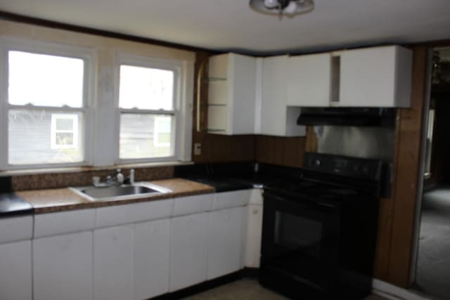 kitchen featuring black electric range oven, white cabinets, a sink, and under cabinet range hood