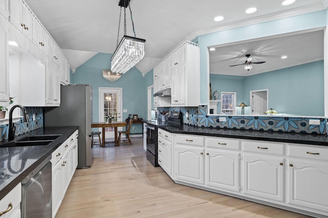 kitchen with pendant lighting, sink, white cabinets, stainless steel dishwasher, and black electric range