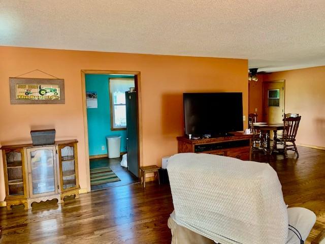 living room with ceiling fan, dark hardwood / wood-style floors, and a textured ceiling