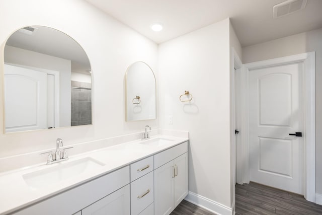 bathroom with vanity and wood-type flooring