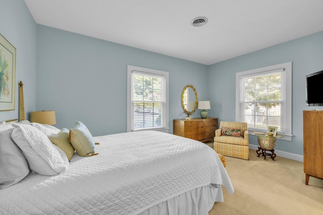 bedroom with multiple windows and light carpet