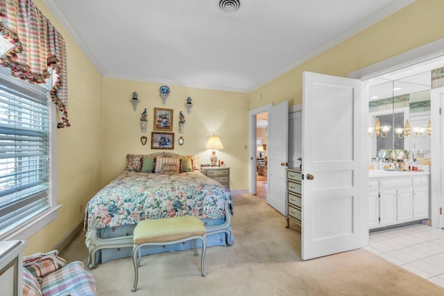 bedroom featuring an inviting chandelier, crown molding, ensuite bath, and light colored carpet