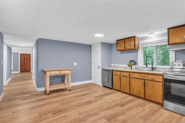 kitchen featuring stainless steel appliances, sink, extractor fan, and light wood-type flooring