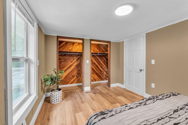 bedroom with hardwood / wood-style flooring, multiple closets, and multiple windows