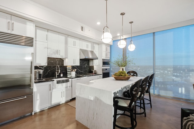 kitchen featuring tasteful backsplash, white cabinetry, appliances with stainless steel finishes, and pendant lighting