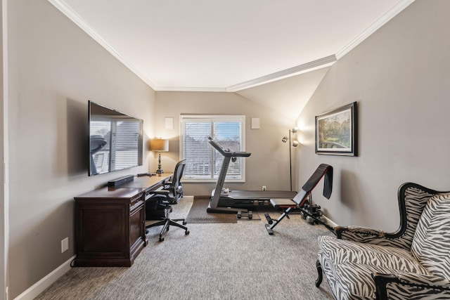 office with ornamental molding, lofted ceiling, and carpet flooring