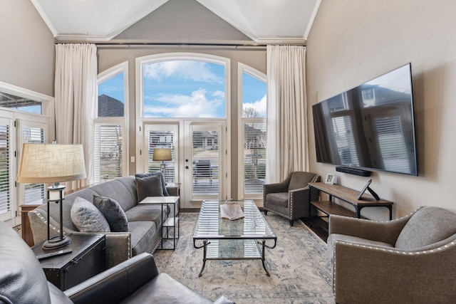 living room with crown molding