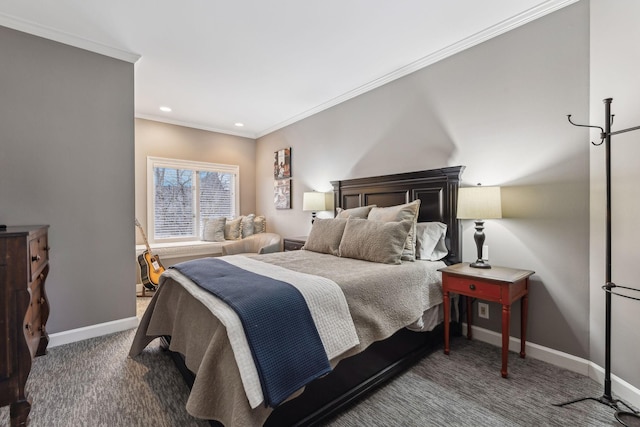 bedroom with ornamental molding and carpet