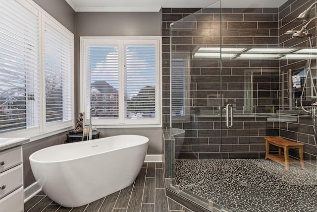 bathroom featuring vanity, separate shower and tub, and crown molding