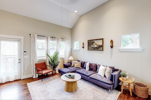 living room featuring dark hardwood / wood-style flooring and vaulted ceiling