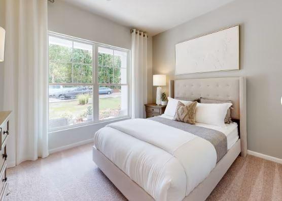 carpeted bedroom with multiple windows