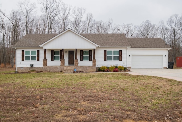 ranch-style home with a garage, a front yard, and a porch