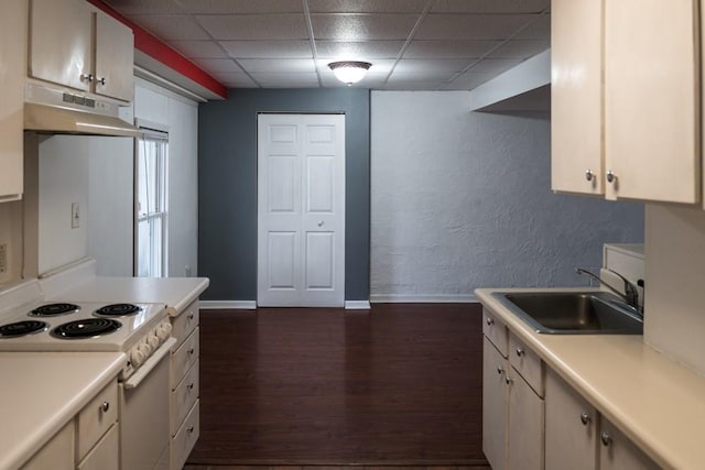 kitchen featuring sink, a paneled ceiling, dark hardwood / wood-style flooring, and electric stove