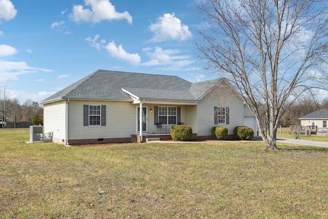 ranch-style house with a front yard and cooling unit