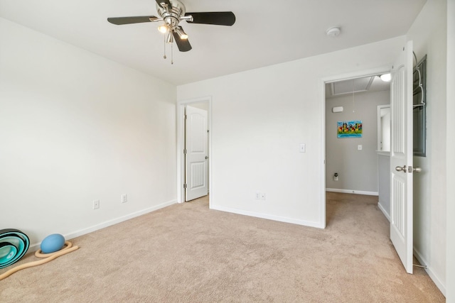 unfurnished bedroom with light carpet and ceiling fan