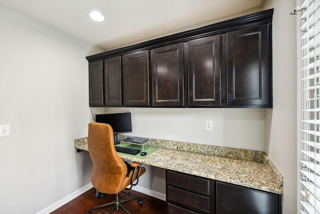 office featuring dark hardwood / wood-style floors and built in desk