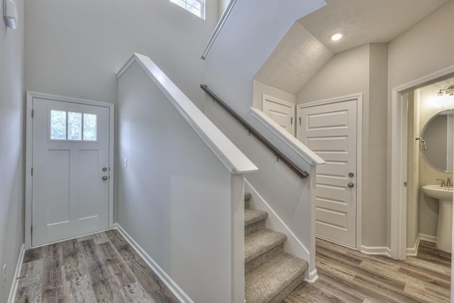 foyer entrance with hardwood / wood-style flooring and lofted ceiling