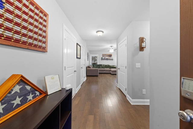 hall with dark wood-type flooring