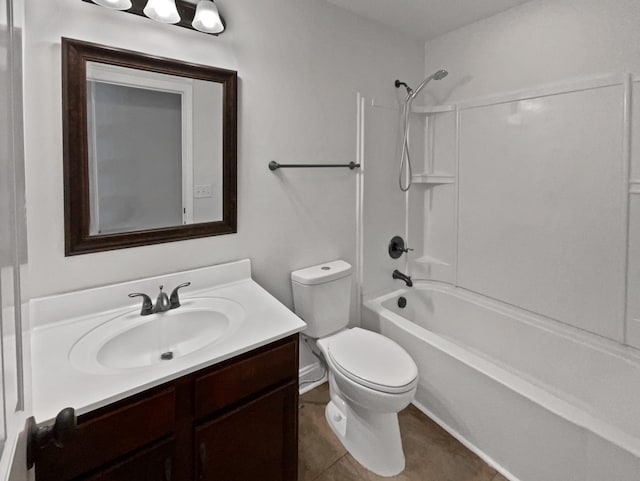 full bathroom with tile patterned flooring, vanity, tub / shower combination, and toilet