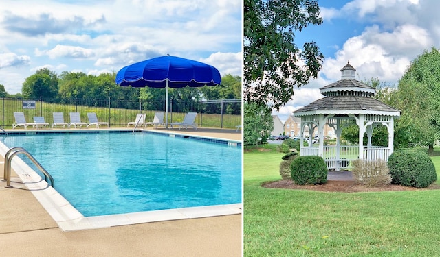 view of pool with a gazebo and a yard