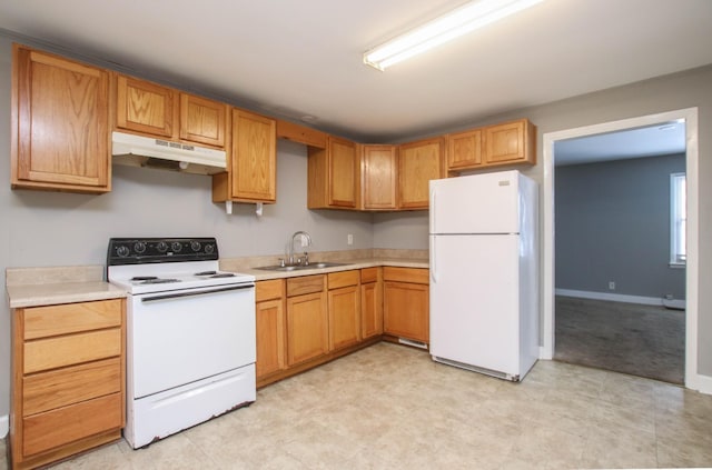 kitchen with under cabinet range hood, white appliances, a sink, baseboards, and light countertops