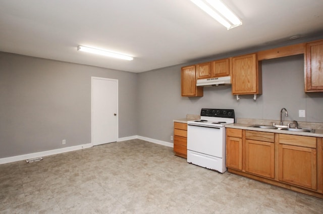 kitchen featuring white range with electric cooktop, brown cabinetry, light countertops, under cabinet range hood, and a sink