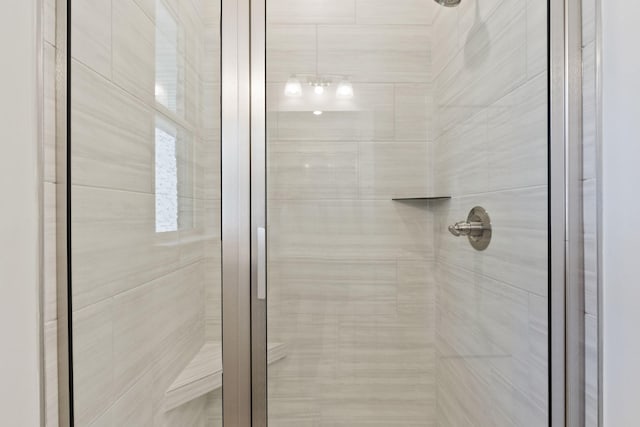 bathroom with a shower with shower door