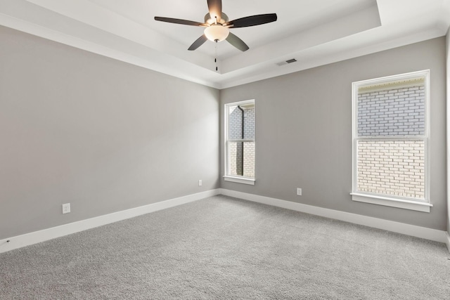 spare room with carpet floors, a raised ceiling, and ceiling fan